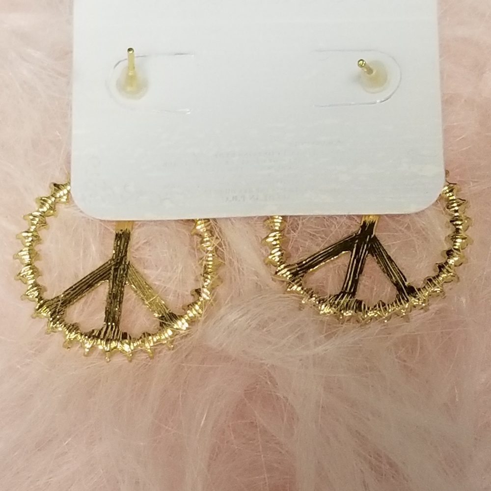 💟3/25  Gold Rhinstone Peace Sign Earings - Picture 3 of 8